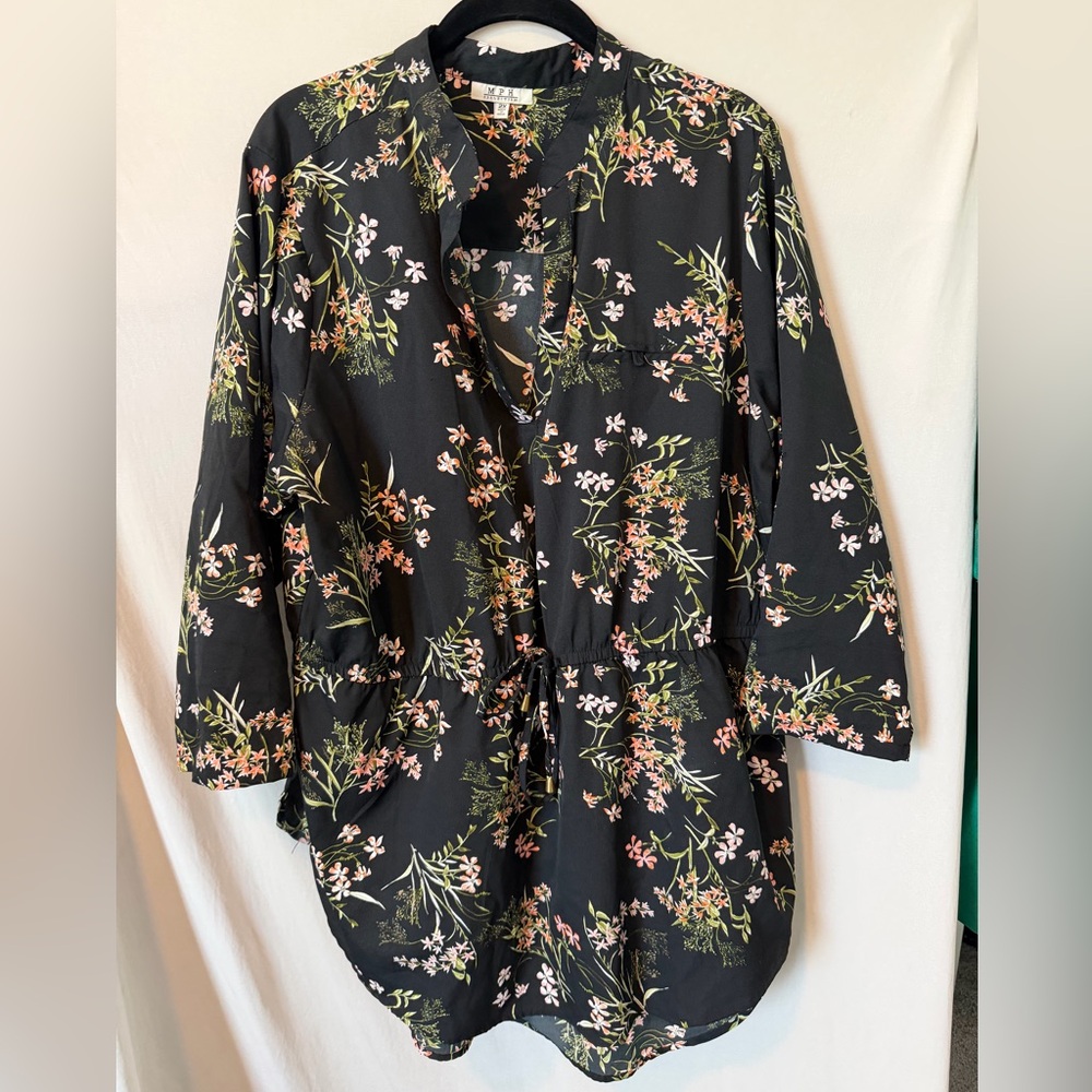 Black Floral Drawstring Tunic Top